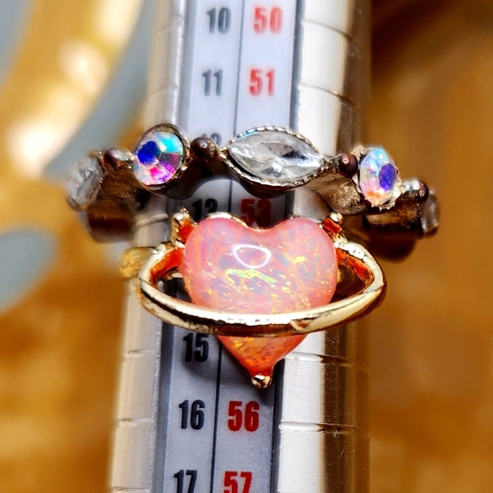 Lot 2 costume rings created opal heart‎ 7 adjustable iridescent stone band 6.5